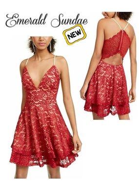 EMERALD SUNDAE Red Lace Racerback Fit & Flare Sparkly Dress Prom Cocktail Wmn S